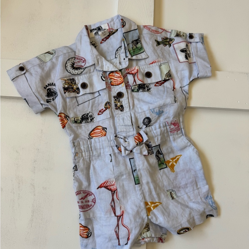 Banana Republic White Linen-Blend Tropical Print Kids One-Piece